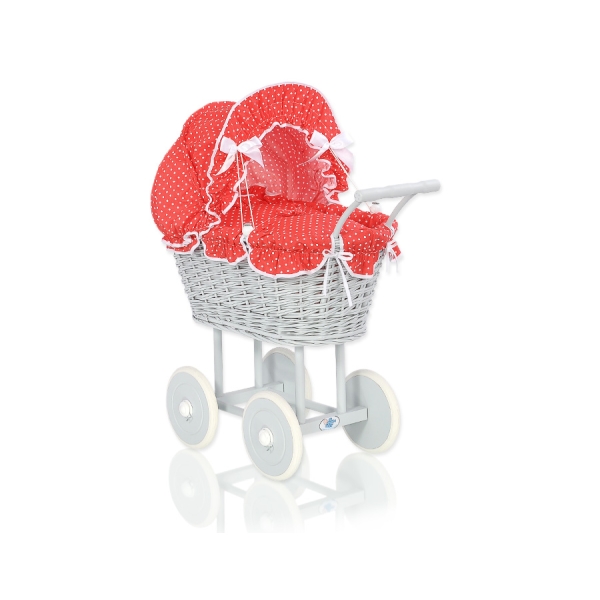Carrozzina in Vimini con Cappottina per Bambole Grigio Rosso Pois Bianchi