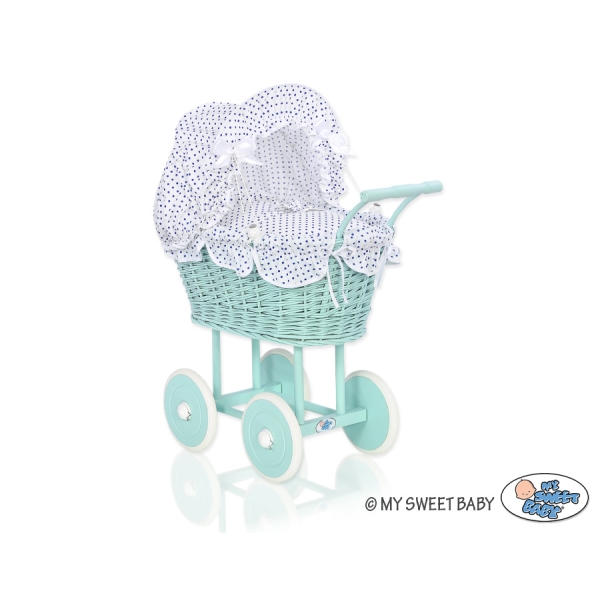 Carrozzina in Vimini con Cappottina per Bambole Menta Bianca Blu Navy Pois Bianchi