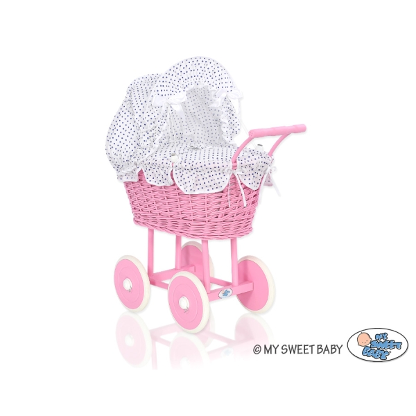 Carrozzina in Vimini con Cappottina per Bambole Rosa Bianca Blu Navy Pois Bianchi