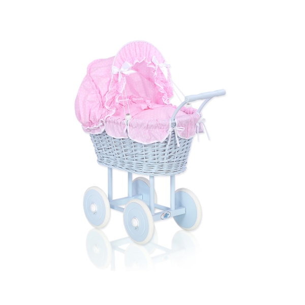 Carrozzina in Vimini con Cappottina per Bambole Rosa Bianca Blu Pois Bianchi