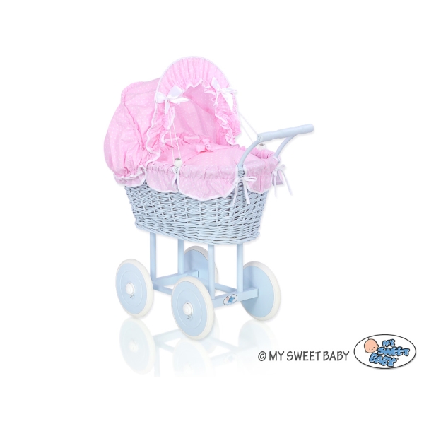 Carrozzina in Vimini con Cappottina per Bambole Rosa Bianca Blu Pois Bianchi
