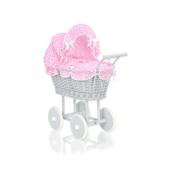 Carrozzina in Vimini con Cappottina per Bambole Rosa Grigio a Scacchi