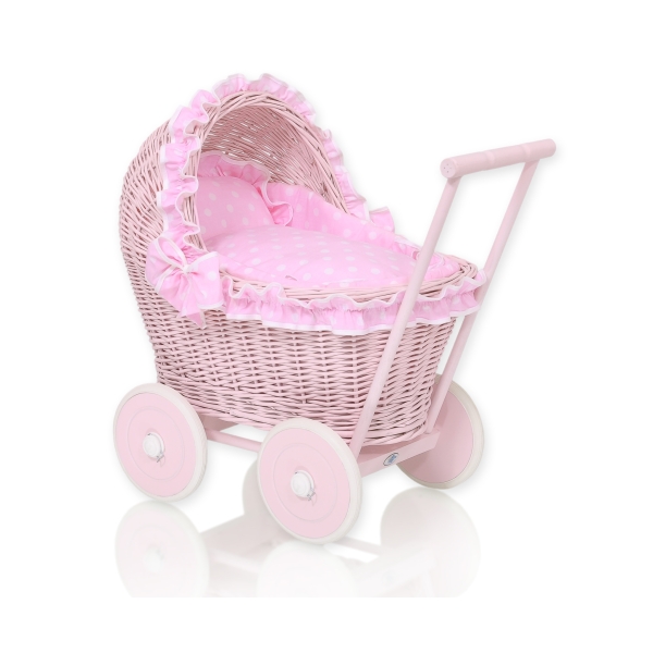 Carrozzina in Vimini con Cappottina per Bambole Rosa Pois Bianchi