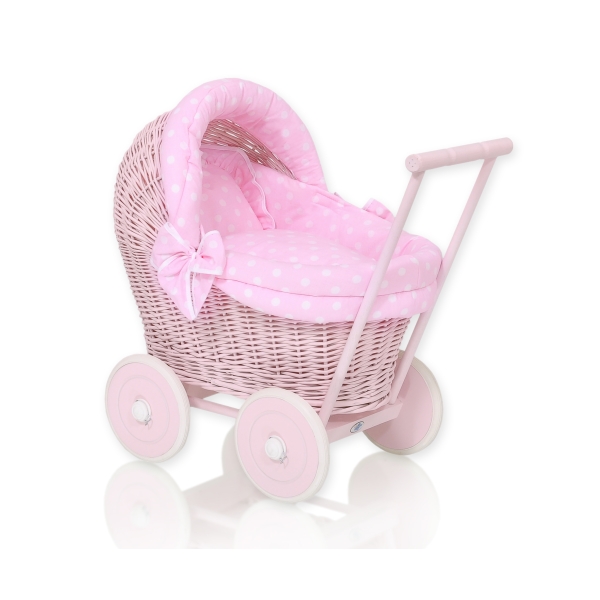 Carrozzina in Vimini con Cappottina per Bambole Rosa Pois Bianchi