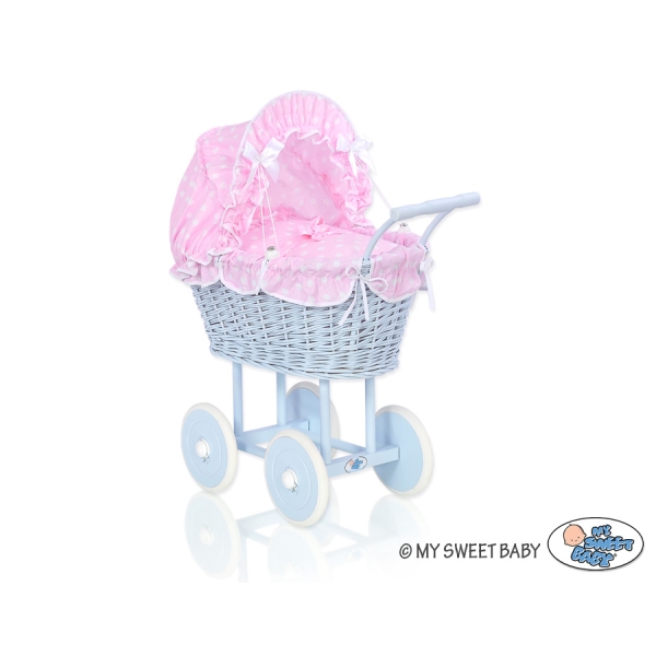 Carrozzina in Vimini per Bambole Rosa Blu Pois Bianchi