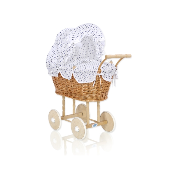 Carrozzina in Vimini per le Bambole Bianca Blu Navy Pois Bianchi