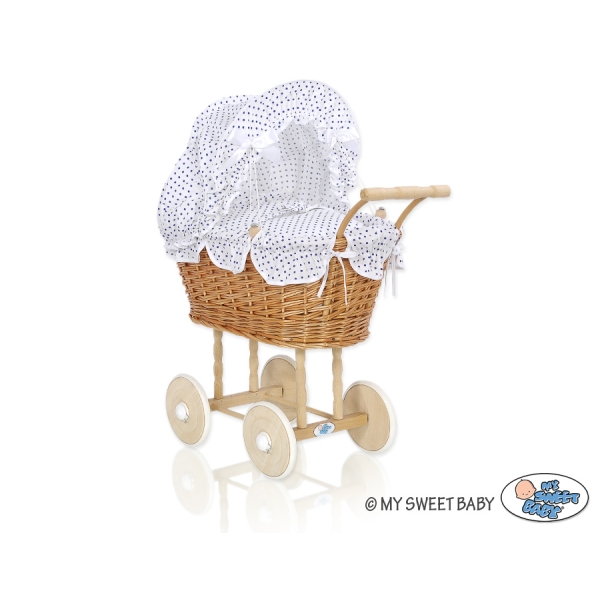 Carrozzina in Vimini per le Bambole Bianca Blu Navy Pois Bianchi