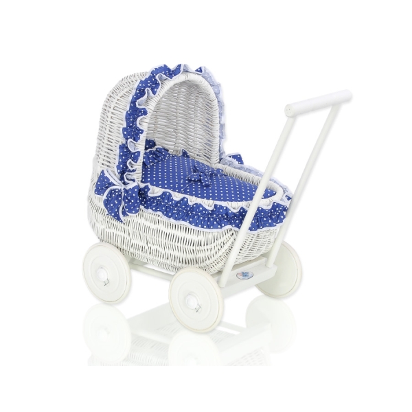 Carrozzina in Vimini per le Bambole Bianca Blu Navy Pois Bianchi