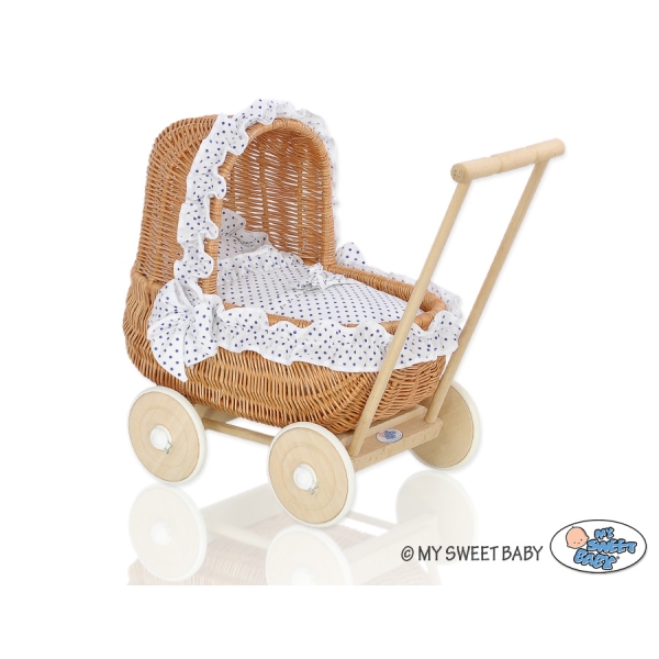 Carrozzina in Vimini Vintage Bambole Bianca Blu Navy Pois Bianchi