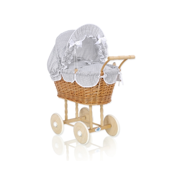 Carrozzina in Vimini Vintage Bambole Bianca Grigio Pois Bianchi