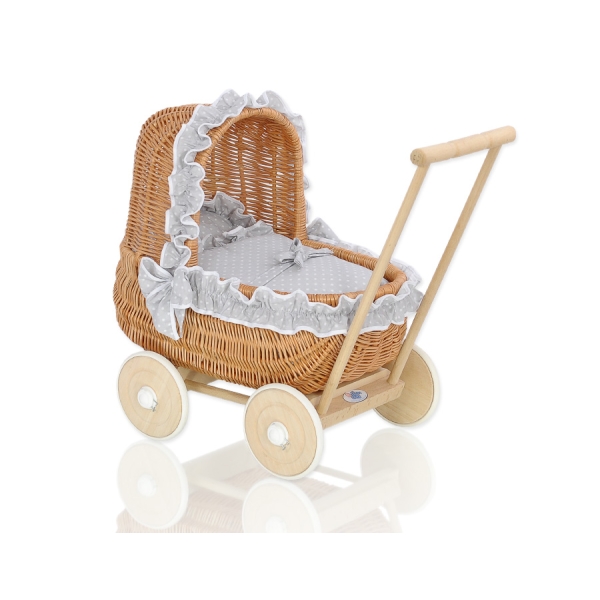 Carrozzina in Vimini Vintage Bambole Bianca Grigio Pois Bianchi