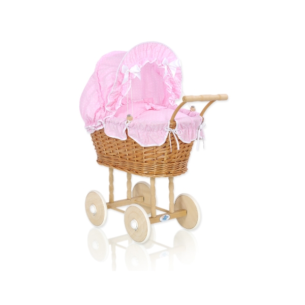 Carrozzina in Vimini Vintage Bambole Rosa Bianca Pois Bianchi