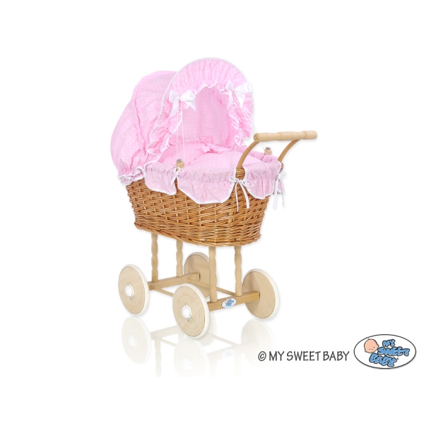Carrozzina in Vimini Vintage Bambole Rosa Bianca Pois Bianchi