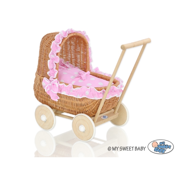Carrozzina in Vimini Vintage Bambole Rosa Pois Bianchi