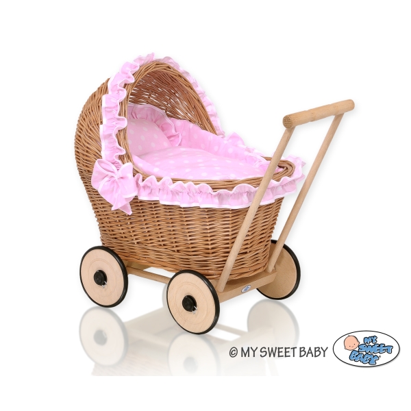 Carrozzina in Vimini Vintage Bambole Rosa Pois Bianchi