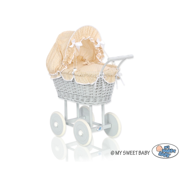 Carrozzina per Bambole Rattan Bianca Grigio Beige Pois Bianchi