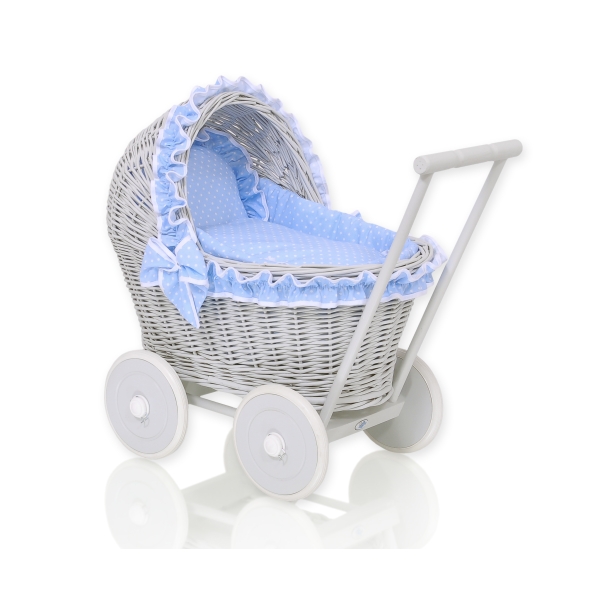 Carrozzina per Bambole Rattan Bianca Grigio Blu Pois Bianchi