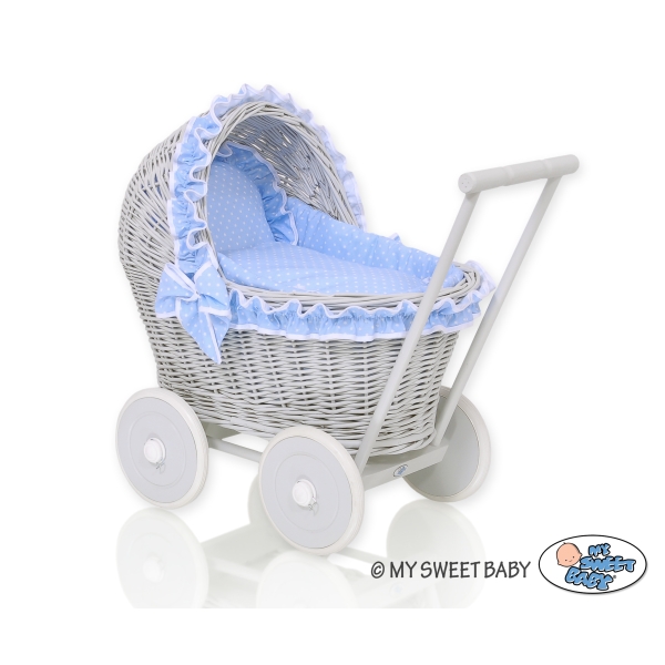 Carrozzina per Bambole Rattan Bianca Grigio Blu Pois Bianchi
