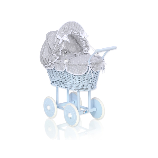 Carrozzina per Bambole Rattan Bianca Grigio Blu Pois Bianchi