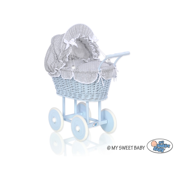 Carrozzina per Bambole Rattan Bianca Grigio Blu Pois Bianchi