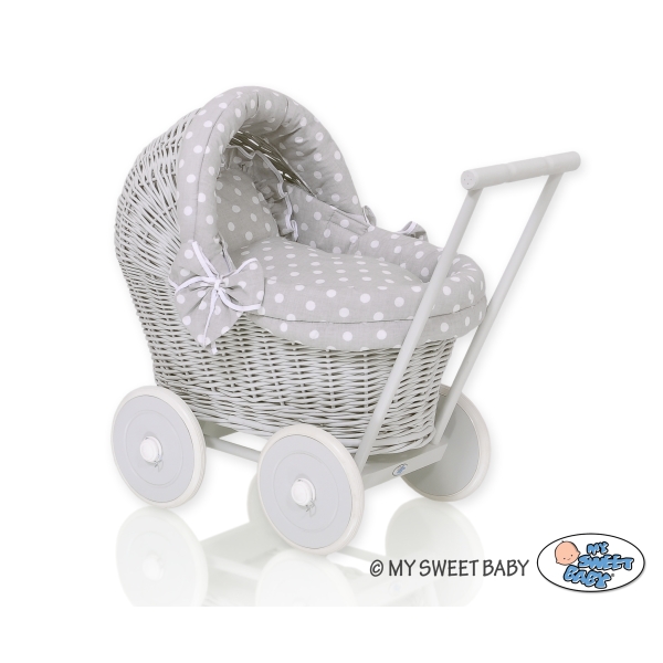 Carrozzina per Bambole Rattan Bianca Grigio Pois Bianchi