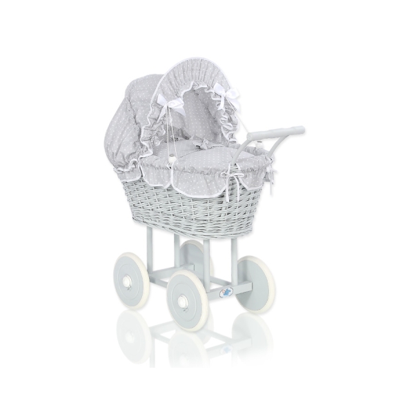 Carrozzina per Bambole Rattan Bianca Grigio Pois Bianchi