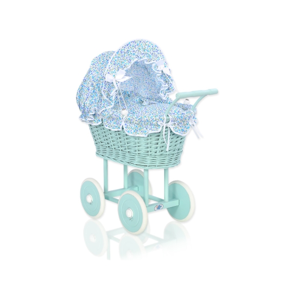 Carrozzina per Bambole Rattan Biancheria Blu Menta Fiori Fiori
