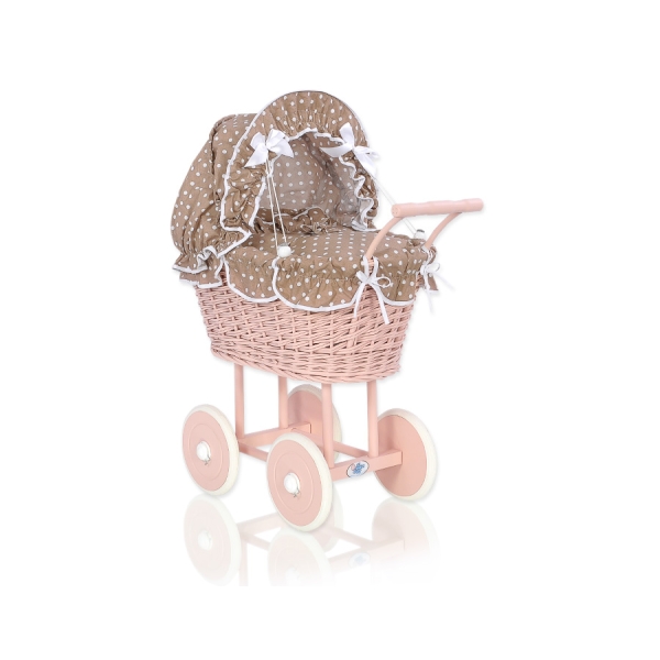Carrozzina per Bambole Rattan Biancheria Marrone Pois Bianchi Rosa Cipria
