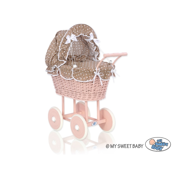 Carrozzina per Bambole Rattan Biancheria Marrone Pois Bianchi Rosa Cipria