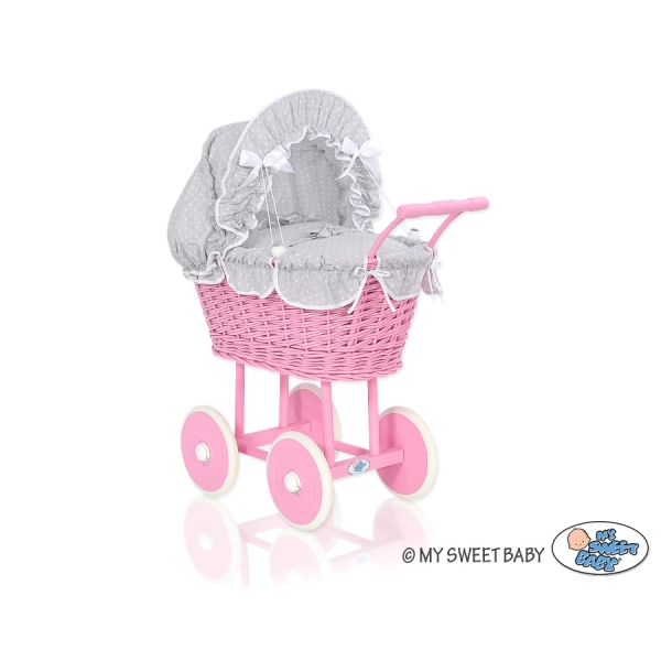Carrozzina per Bambole Rattan Biancheria Rosa Bianca Grigio Pois Bianchi