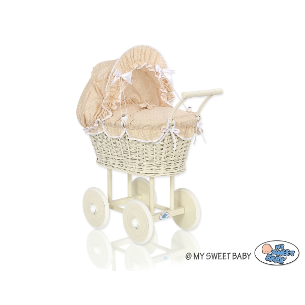 Carrozzina per Bambole Rattan Creme Bianca Beige Pois Bianchi