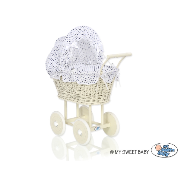 Carrozzina per Bambole Rattan Creme Bianca Blu Navy Pois Bianchi