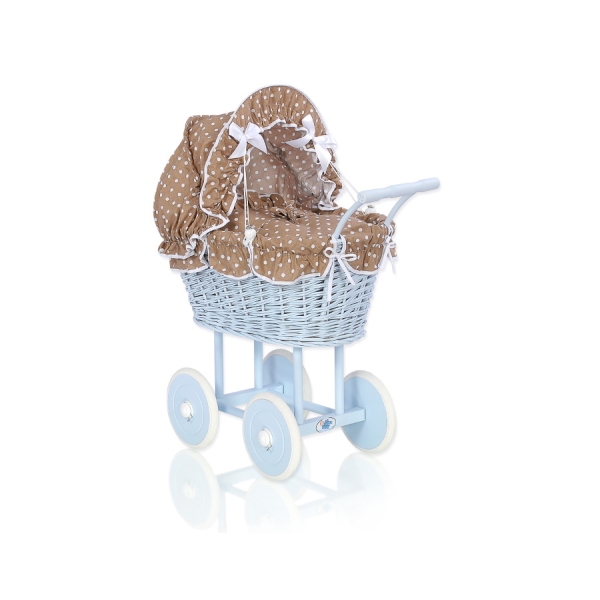 Carrozzina per Bambole Rattan Marrone Blu Pois Bianchi