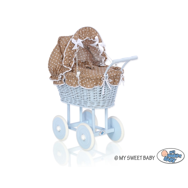 Carrozzina per Bambole Rattan Marrone Blu Pois Bianchi