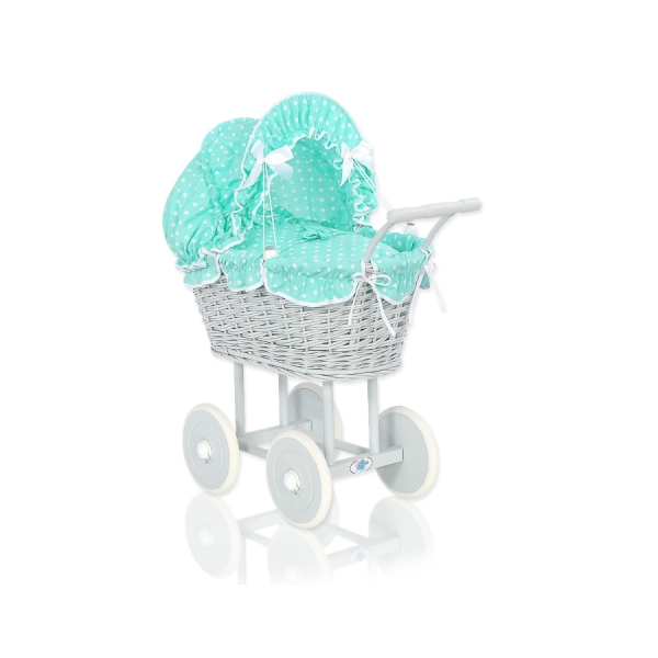 Carrozzina per Bambole Rattan Menta Grigio Pois Bianchi