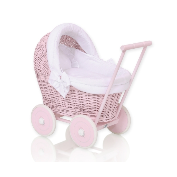 Carrozzina per Bambole Rattan Rosa Bianca