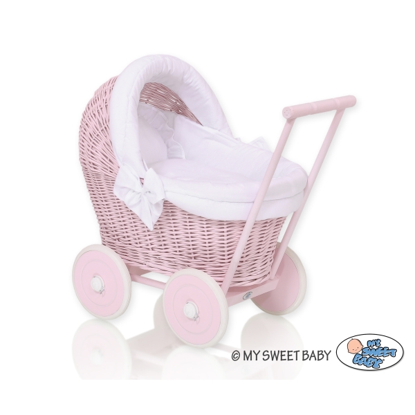 Carrozzina per Bambole Rattan Rosa Bianca