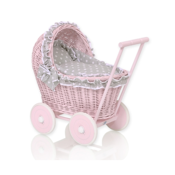Carrozzina per Bambole Rattan Rosa Bianca Grigio Pois Bianchi