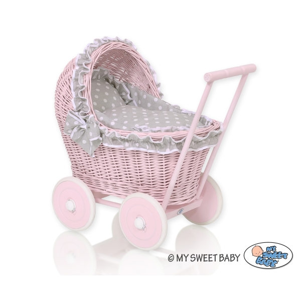 Carrozzina per Bambole Rattan Rosa Bianca Grigio Pois Bianchi