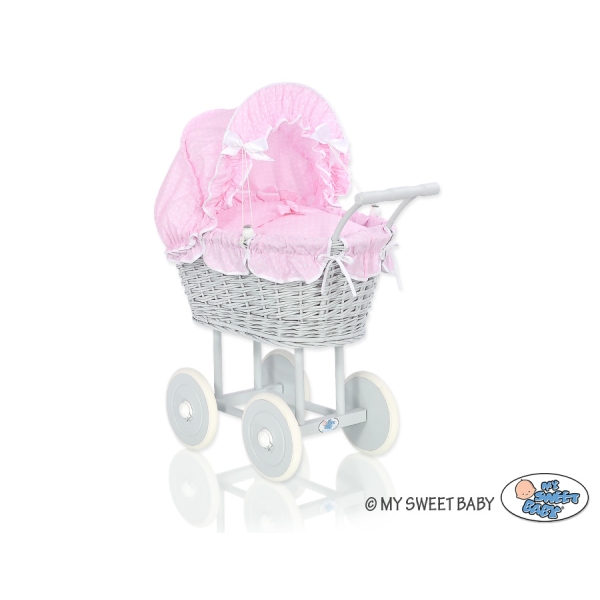 Carrozzina per Bambole Rattan Rosa Bianca Grigio Pois Bianchi