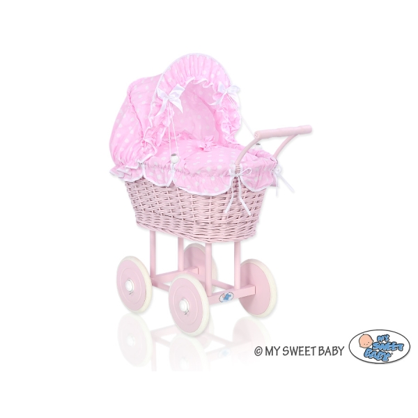 Carrozzina per Bambole Rattan Rosa Pois Bianchi Rosa Scuro