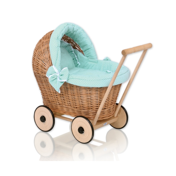 Carrozzina Vimini Bambole Menta Pois Bianchi