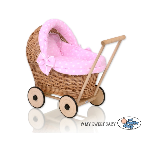 Carrozzina Vimini Bambole Rosa Pois Bianchi