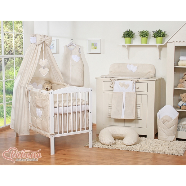 Completo Lenzuola con Baldacchino e Paracolpi 5 parti Beige Pois Bianchi Cuori