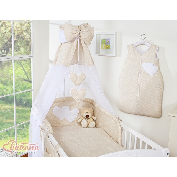 Completo Lenzuola con Baldacchino e Paracolpi 5 parti Beige Pois Bianchi Cuori