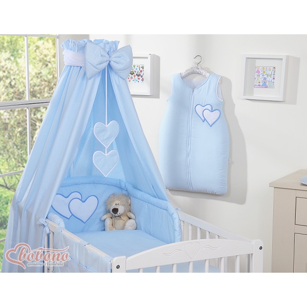 Completo Lenzuola con Baldacchino e Paracolpi 5 parti Blu Cuori