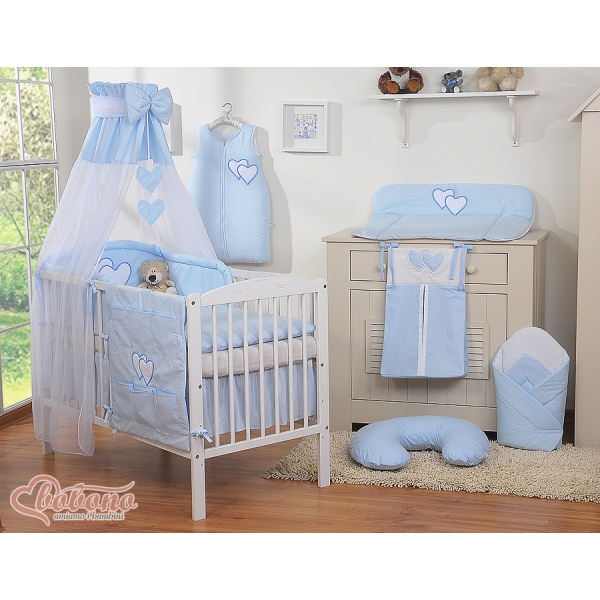 Completo Lenzuola con Baldacchino e Paracolpi 5 parti Blu Cuori