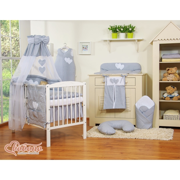 Completo Lenzuola con Baldacchino e Paracolpi 5 parti Grigio Pois Bianchi Cuori