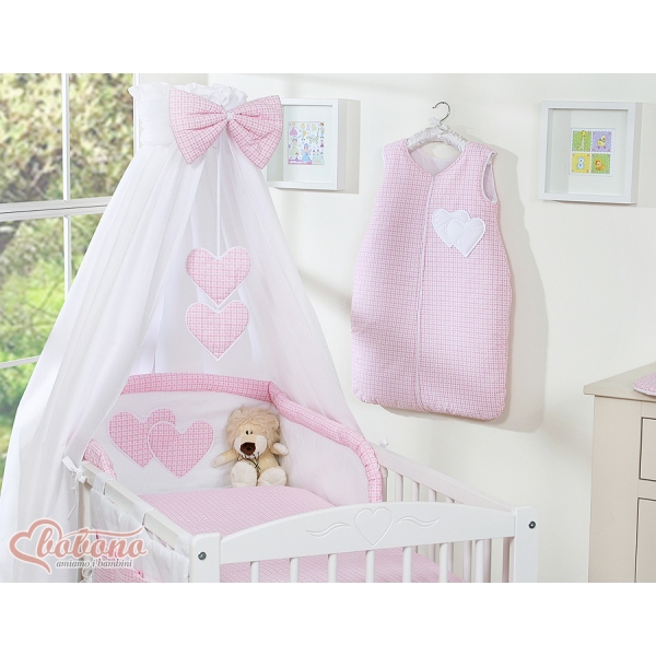 Completo Lenzuola con Baldacchino e Paracolpi 5 parti Rosa Cuori