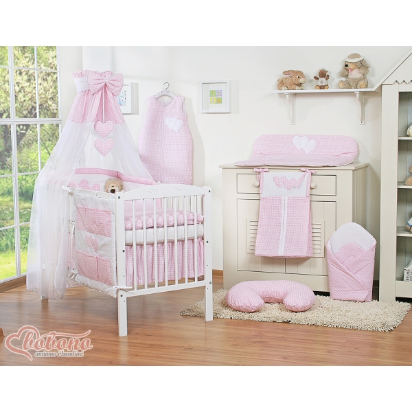 Completo Lenzuola con Baldacchino e Paracolpi 5 parti Rosa Cuori